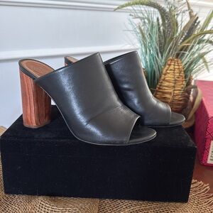 Tory Burch Black Leather Mules with Brown Heel